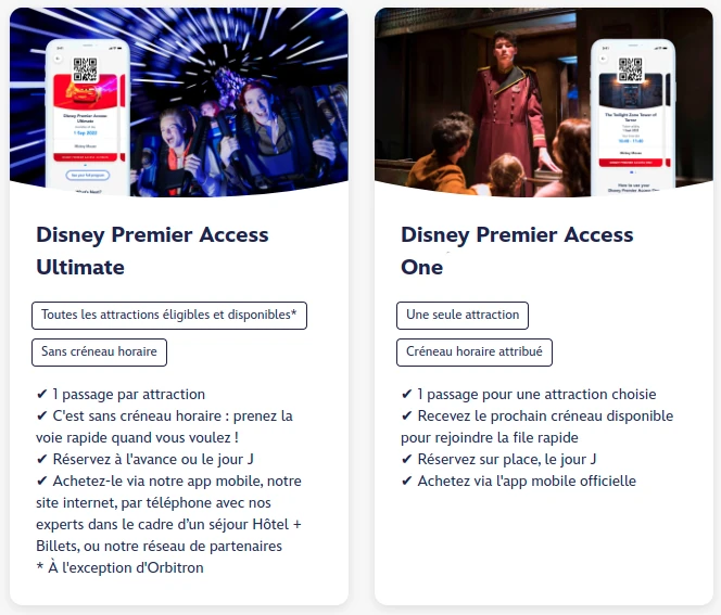 les 2 options de Fastpass Disneyland : Disney Premier Access Ultimate et One