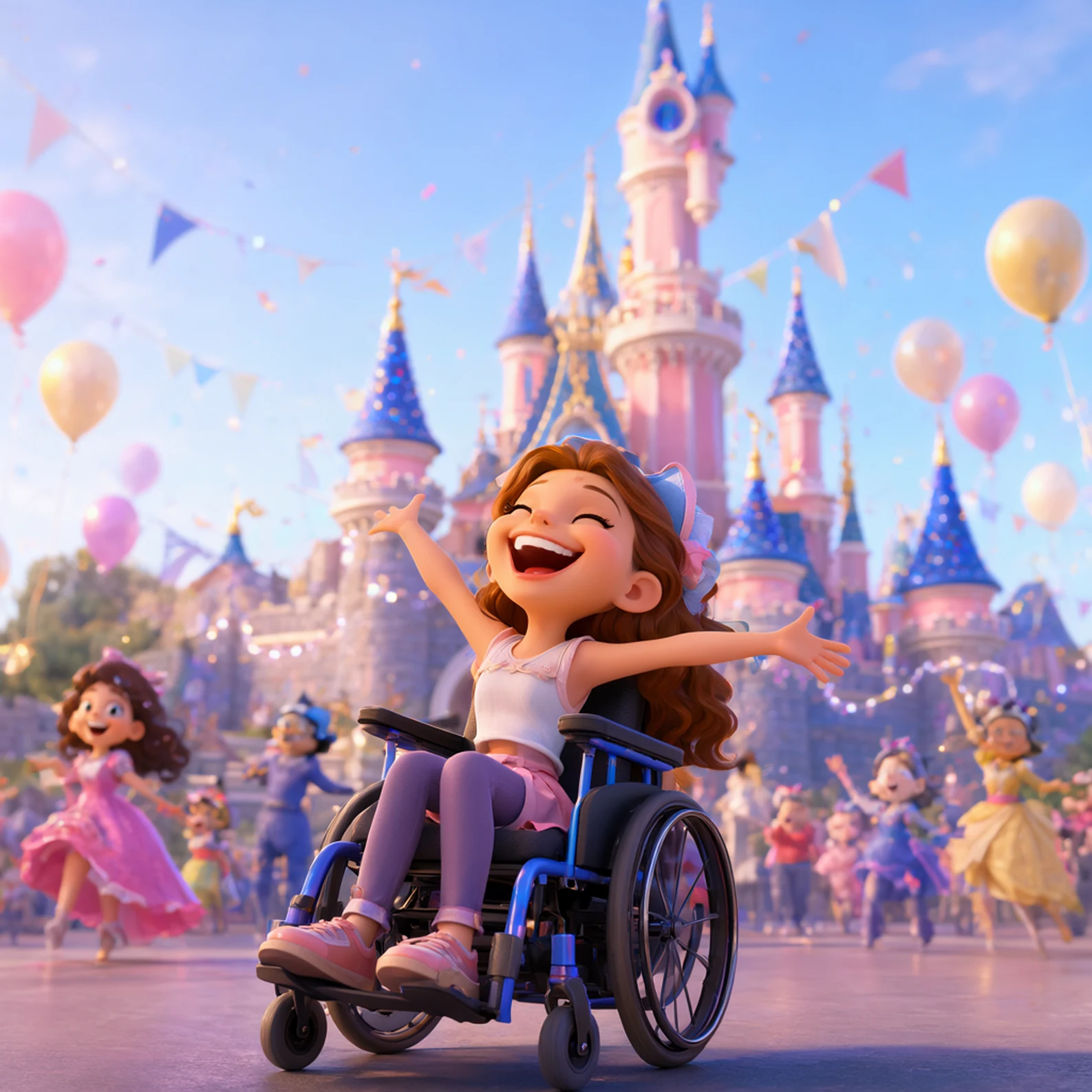 Illustration au style Disney/Pixar d'une jeune femme en fauteuil roulant, rieuse et les bras tendus, devant le château de Disneyland Paris au milieu d'une parade de personnages Disney