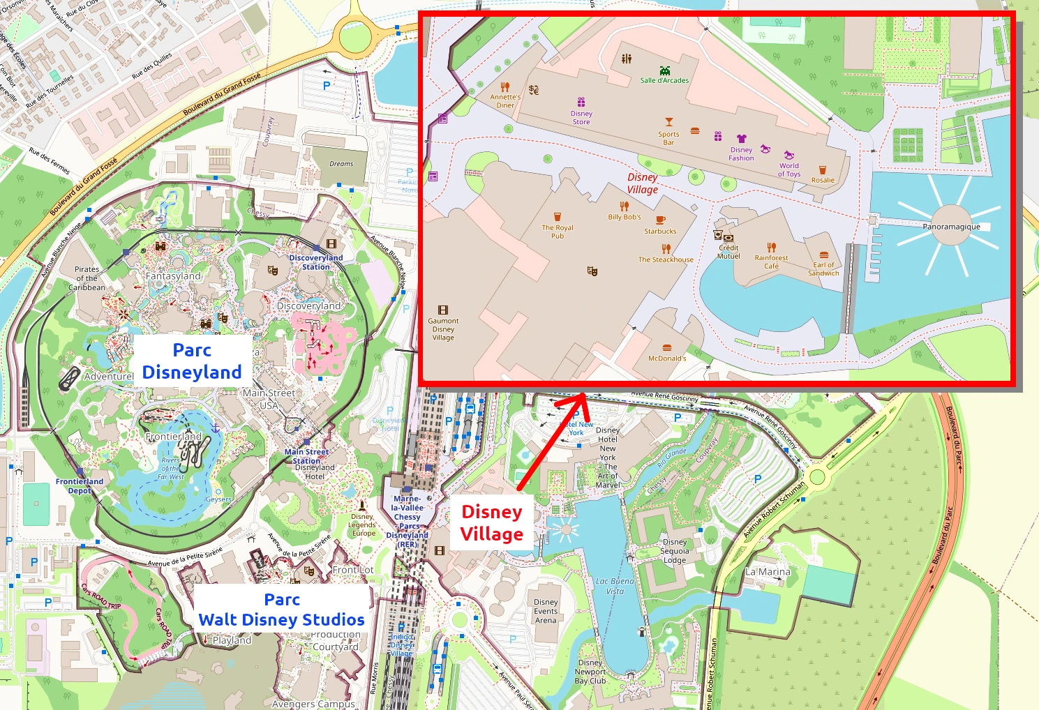 situation géographique de disney village