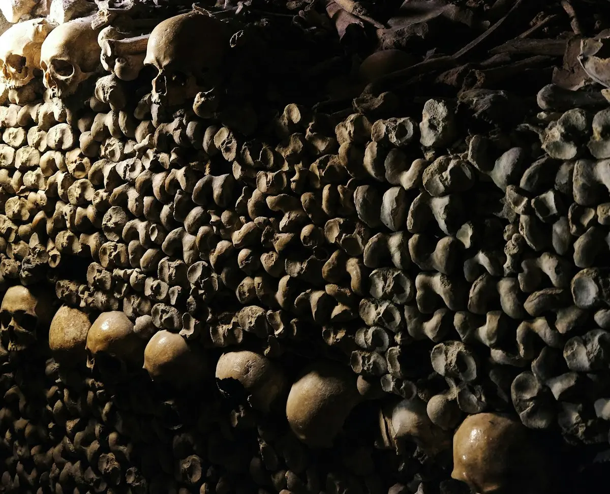 Galerie souterraine des Catacombes de Paris avec ses murs de pierre et son éclairage