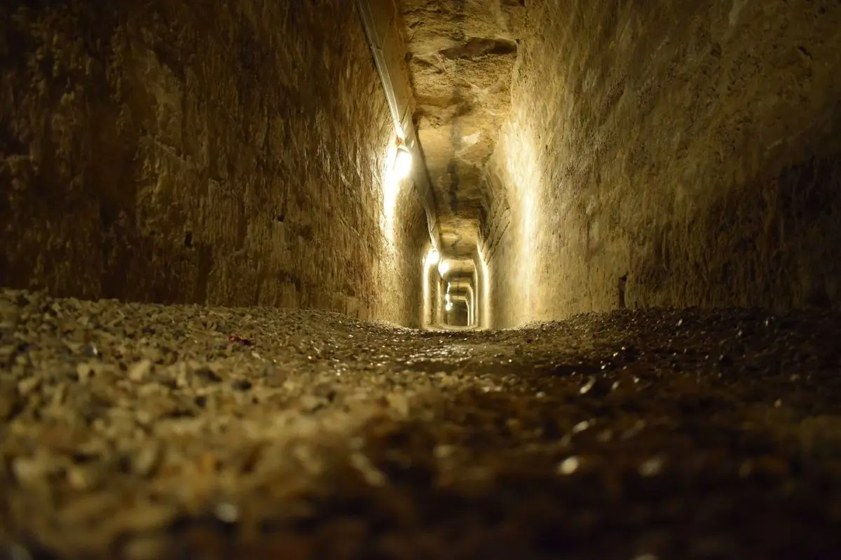 Mur d'ossements empilés dans les Catacombes de Paris en noir et blanc
